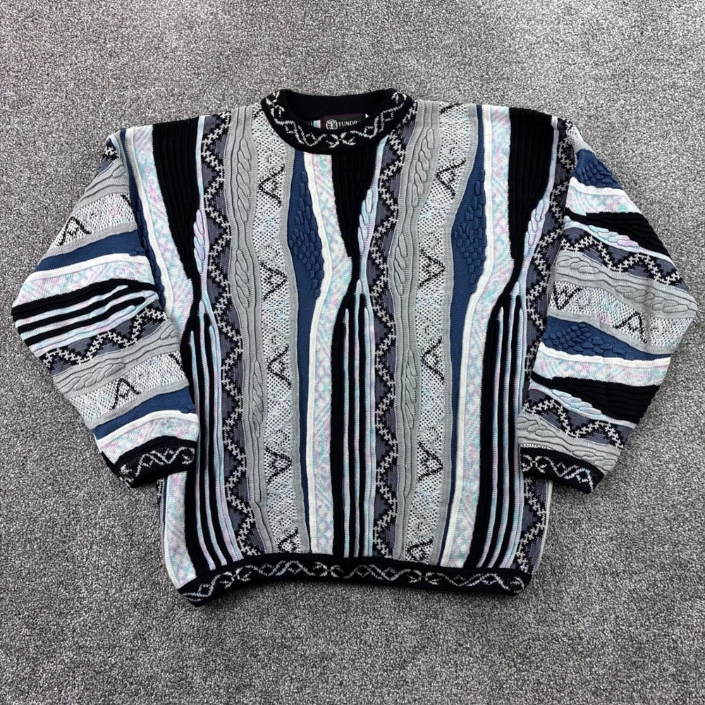 Vintage Tundra Sweater Mens L 3D Knit Coogi Style Biggie Cosby Textured Pastel